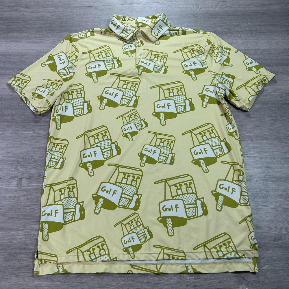 Sosik Golf Shirt Mens Medium Yellow Green Golf Cart Print Polo‎ Short Sleeve Fun